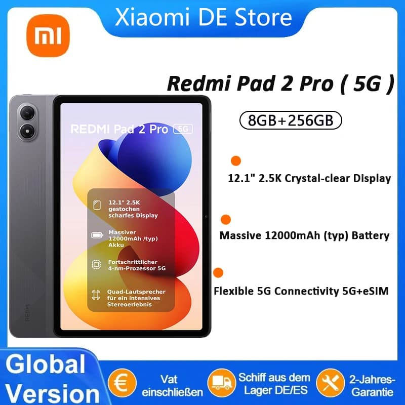 Xiaomi Redmi Pad 2 Pro 5g Global Version Tablet 8Gb 256Gb Advanced 4Nm Processor with 5G+Esim 12.1" 2.5K Crystal-Clear Display 12000Mah Battery