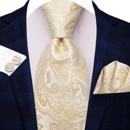 Hi-Tie Champagne Gold Striped Paisley Solid Men Silk Wedding Tie Fashion Design Necktie For Men Hanky Cufflink Business Party