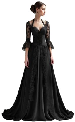 Customized Elegant Gothic Wedding Dresses for Bride 3/4 Sleeves Black Lace Appliques Bridal Gowns A-Line Sweet Wedding Gowns