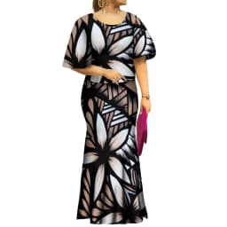 2022 New Samoan Puletasi Set Monstera Leaf Print Bat Sleeve Ptaha Blue Polynesian Top Maxi Fishtail Skirt Womens 2 Piece Set