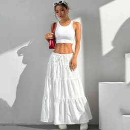Summer Women White Long Skirt Solid Basic Lace Up Bow Low-Waisted Big Swing Skirts Female Street Casual Loose Spliced Maxi Dress