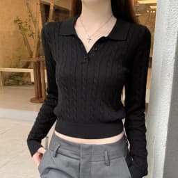 Women Polo Collar Knit Sweater Button-Front Strechy Cable-Knit Long Sleeve Crop Top Plain Jumper Fitted Pullover Tennis Core Y2K