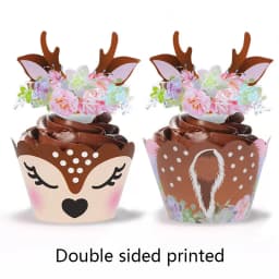 12/24pcs Cartoon Sika Deer Cupcake Wrapper Antlers Paper Cake Toppers Merry Christmas Xmas New Year Birthday Party Decoration