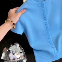 New 2026 Summer Stand-up Collar Short-sleeved Women's Knitted Cardigan Top Casual Single-breasted Solid Color Ladies T-shirt