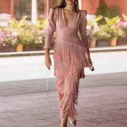 New 2026 French Elegant Deep V Neck Prom Dresses for Women Spring Fashion Spliced Tassel Dress Woman Long Sleeve Slim Maxi Dress