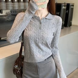Women Polo Collar Knit Sweater Button-Front Strechy Cable-Knit Long Sleeve Crop Top Plain Jumper Fitted Pullover Tennis Core Y2K