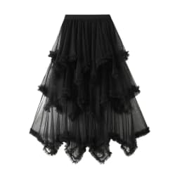 Black fungus edge irregular mesh cake skirt, mid length, high waist, big swing, fluffy fairy gauze skirt, long skirt, 2025 women