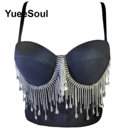 Black Y2K Tops White Rhinestone Sequins Tassel Slim Crop Top New Gothic Party Club Wedding High Street Sexy Corset Top Camis