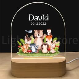 Personalized Baby Birth Night Light Custom Name Animal Elephant Lion with USB Wood Base Lamp for Bedroom Table Rainbow Decor