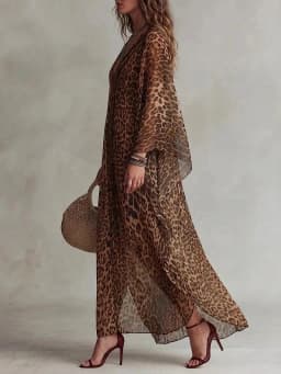 Vintage Chiffon Leopard Dress Deep V Neck Batwing Sleeve Maxi Caftan Dress Casual Loose Summer Beach Cover Up Dresses for Women