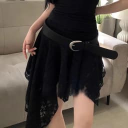 Romantic Pure Desire Sexy Lace Splice Asymmetrical Wave Half Skirt Pleated A-Line Short Skirt Korean Style Commute
