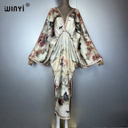 WINYI Bohemian Summer Beach Dress High Quality Double Sided Boho Printing Elegant Silk Maxi Dress Women Evening Party Kaftan
