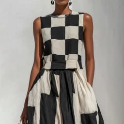 Sleeveless Black White Geometric Patchwork Print Party Dress Women Summer O Neck Loose Maxi Dress Elegant Holiday Ladies Dress