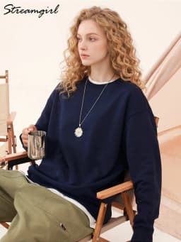 Streamgirl Loose Sweatshirt Women Autumn Basic Plain Sport Cotton Pullover Casual Navy Blue Women Sweatshirts High Quality Tops