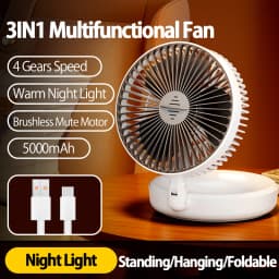 2024 New Style Small Portable Fan Rechargeable Wall Mounted Fan 90° Foldable Desktop Fan 4 Gears With Warm Night Light
