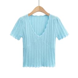 Women V Neck Knitted Crochet Tee With