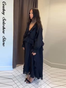 Elegant Ruffle Women's Dress Solid V Neck Full Lantern Sleeve Loose Long Casual Dresses New Street Beach Vacation Robe 2026
