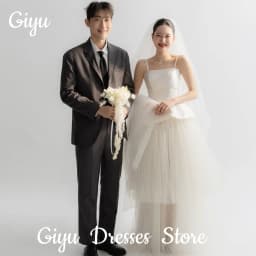 Giyu Elegant Spaghetti Strap Wedding Dresses Crape Tiered Korea Photoshoot Bridal Gowns Floor-Length Customized 웨딩드레스 2025