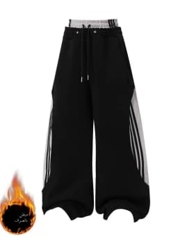 Retro American Fleece Lined Thickened Knife Wide Leg Pants Women's Winter Double Waist Dance Trousers Casual Striped Pants