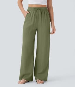 Pant women 2026 casual high-waisted drawstring side pocket casual linen pants flowing wide-leg beach pants elastic tightness