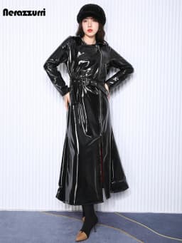 Nerazzurri Autumn Long Fitted Reflective Shiny Soft Stretchy Black Patent Faux Leather Biker Coat Women Zipper European Fashion