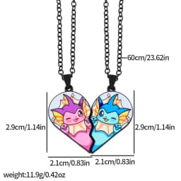 2-piece cute Eevee cartoon pendant necklace with heart patchwork, anime-style metal necklace
