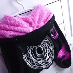 Black Cat Ear Hooded Jacket Womens Pink Fluffy Lining Mystical Magic Circle Back Print Flame Sleeve Print Zip Up Warm Outerwear