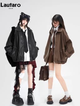 Lautaro Spring Autumn Cool Retro Oversized Distressed Black Soft Faux Leather Jackets for Women Zipper Maillard Style Clothes