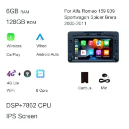 7" "CarPlay Android 13.0 8G+128G GPS Car Radio Player Wifi Multimedia For Alfa Romeo 159 939 Sportwagon Spider Brera 2005-2011