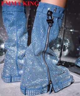 Luxury Designer Lock Crystal Thick Sole Mid Calf Boots Woman Platform Round Toe Long Womens Boots Winter Side Zipper Party Shoes