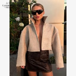 Beige Croc Leather Cropped Jacket Y2k Stand Collar Long Sleeve Wide Cuff Oversize Coat 2026 Autumn Street Daily Casual Outerwear