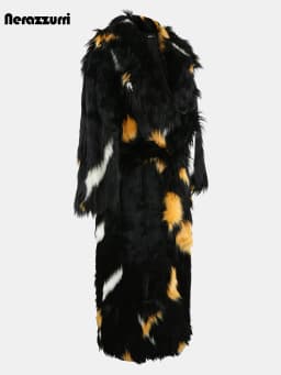 Nerazzurri Winter Extra Long Thick Warm Colorful Soft Hairy Fluffy Faux Fox Fur Coat Women Sashes Luxury European Fashion 2023