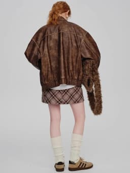 Spring and Autumn Retro Distressed Brown Leather Jacket American Sweet Cool Motorcycle Pu Leather Jacket Short Jacket