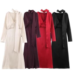 2026 New Scarf Solid Elegant Maxi Dresses Women Spring V Neck Long Sleeve Club Party Long Dress Female Chic Slim Fit Dresses