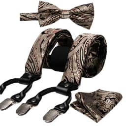 Burgundy Black White  Mens Suspender Adjustable 6 Clips Jacquard Braces Bowtie Hanky Cufflinks Set Silver Gold