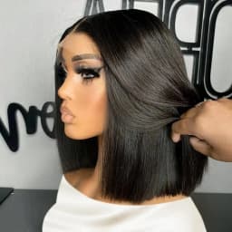 100% Virgin Human Hair Ombre Ash Blonde Highlight Layered Cut Bob Body Wave 5x5 Glueless Lace Closure Wig with Pre-Plucked Hairline 16Inches