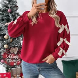 Round Neck Bow Sweatshirt Regular Length Sweet and Fresh with Pullover Patchwork Regular Sleeve Autumn Loose Fit Women Hoodie