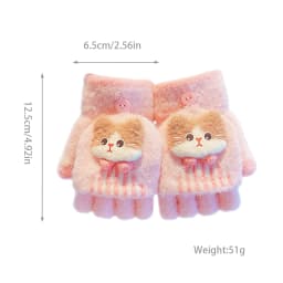 Korean Cute Kids Cartoon Cat Bow Flip Plush Mittens 6-12 Years Old Children Winter Warm Convertible Half Finger Writing Gloves