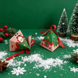 50Pcs Christmas Triangle Paper Candy Gift Box With Tag Ribbons Cookie Snack Chocolate Gift Packaging Box Xmas New Year Supplies