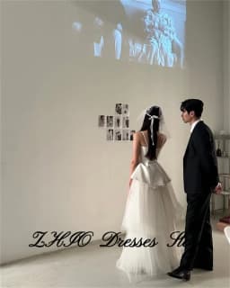 ZHIO Simple Straps Pleat A Line Tulle Ivory Wedding Dresses Photoshoot Korea Bride Gowns Corset/Zipper Back Customized 웨딩드레