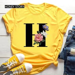 Large Size Yellow T-shirt for Men And Women with Black Fashion Trend Print of Flowers 26 English Letters Casual Short Sleeve Top