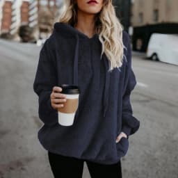 Women Casual Plush Hooded Sweatshirt Half Zip Drawstring Design Long Sleeve Front Kangaroo Pocket Relaxed Winter Pullover