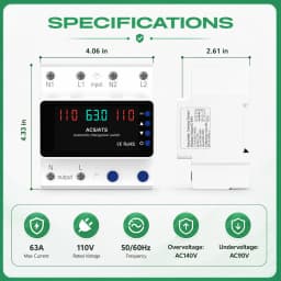 CG LED Display Automatic Transfer Switch 63A 110V Adjustable 2P Dual Power ATS DIN Rail Mount Over Voltage Current Protector