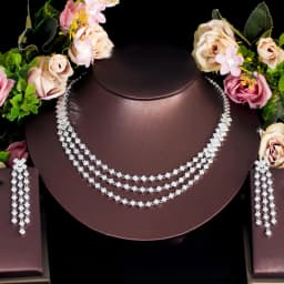 CWWZircons Bling White Cubic Zirconia Pave Big Statement 3 Layered Wedding Bridal Dress Necklace and Earrings Jewelry Sets T704