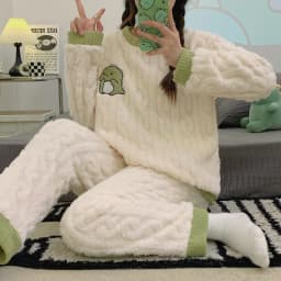Fall and Winter Flannel Thick Warm Sleepwear Women's Long Sleeve with Fleece Home Clothes Ladies Striped Solid Color Pyjamas