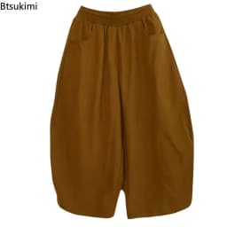 New 2026 Women's Solid Loose Casual Trousers Simple Elastic Waist Wide Leg Harem Pants Versatile Pockets Banana Pants Oversized