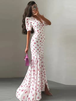 Elegant Women's Floral Printed Dress Slim V Neck Short Sleeve Waist Cinching Long Fishtail Dresses 2026 Summer Lady Party Robes