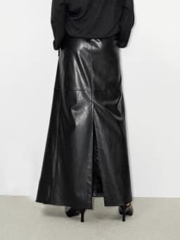 Lautaro Spring Autumn Shiny Black Soft Pu Leather Floor Length Skirt Women with Front Slit High Waist Extra Long Clothes 2025