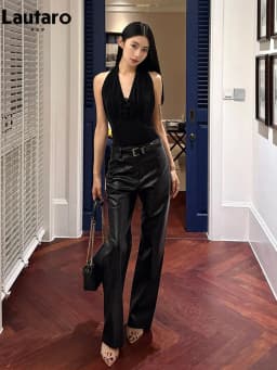 Lautaro Spring Autumn Shiny Lizard Print Pu Leather Straight Pants Women High Waist 2026 Chic Luxury Brands Alternative Pants