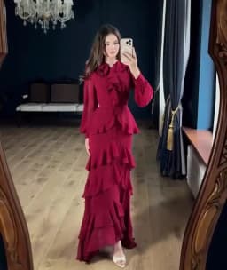 Elegant Solid Layered Ruffle Long Dress Women O Neck Long Sleeve Belt Chiffon Maxi Dress Autumn Wedding Guest Evening Party Robe